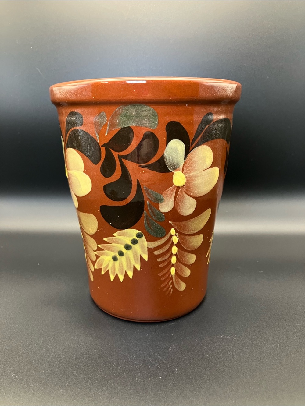 Eldreth Pottery Redware Hand-Painted Floral Ceramic Pot - Brown and Yellow
